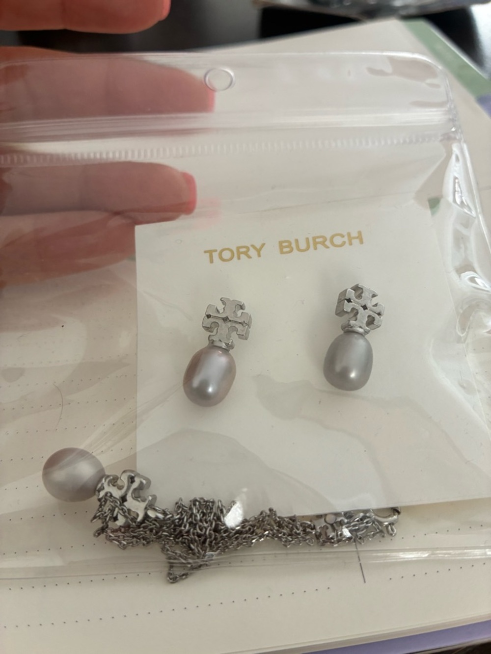 Tory Burch Silver Necklace and earrings set with Pearls